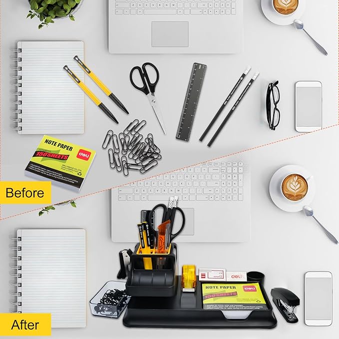 deli Black Office Supplies for Desk, 17Pcs Desk Organizers and Accessories with 4 Pens,Tape Dispenser,Stapler,Staples,Staple Remover,Pen Holder,Scissor,Ruler,Eraser,Note Pad,Cutter,Clips Set