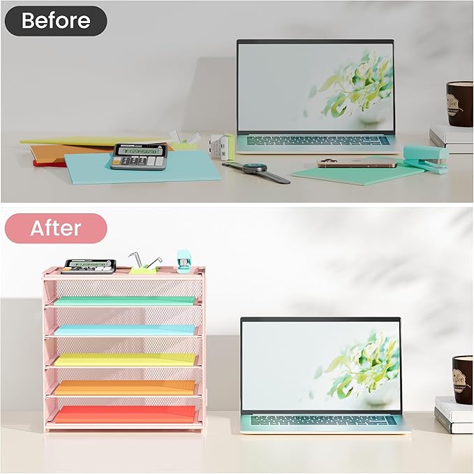 2 Pack 6 Tier Paper Organizer, Metal Mesh Desk File Folder, Letter Tray Organizer, Paper Sorter Desk Organizers for Office, Home or School File Folder Holder - Pink (Pink-2pack)
