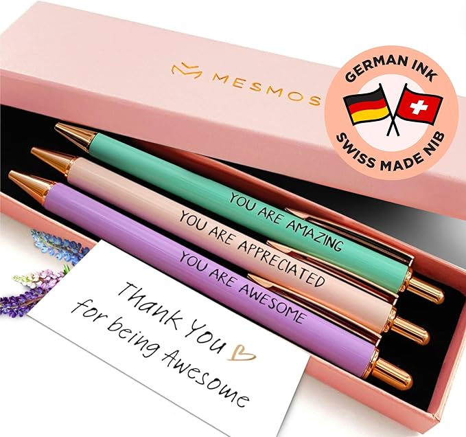 MESMOS 3pk Thank You Gifts for Women, German-Made Ink Fancy Pen Set for Women, Teacher Appreciation Gift, Nice Cute Pens, Boss Lady, Office Coworkers, Metal Ballpoint Pens