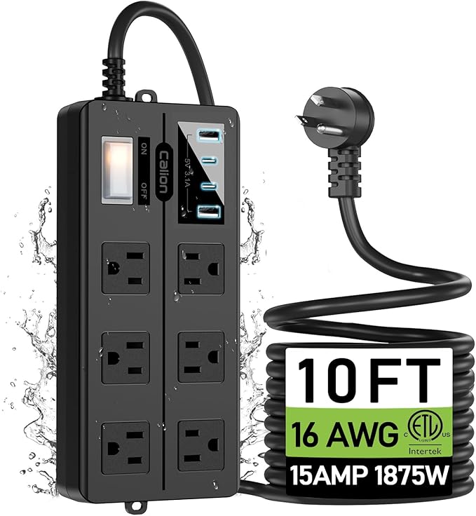 Outdoor Power Strip Weatherproof,Patio Waterproof Surge Protector with 4 USB Ports and 6 Outlets, 10 FT Extension Cord with Flat Plug,Shockproof Overload Protection,Mountable for Home Office Porch