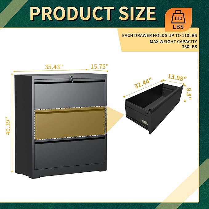 3 Drawer Lateral File Cabinet with Lock, Metal File Cabinets for Home Office, Steel Heavy-Duty Filing Storage Cabinet for Letters/Legal/A4 (Require Assembly, Black)