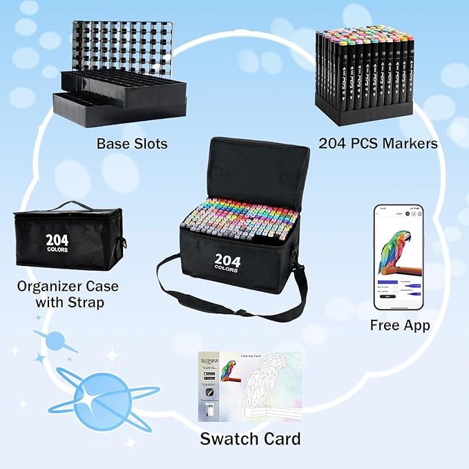 204 Colors Alcohol Markers, Art Markers for Artists with Coloring App, Dual Tip Marker for Adult Painting Sketching Drawing with Travel Case Great Gift Idea