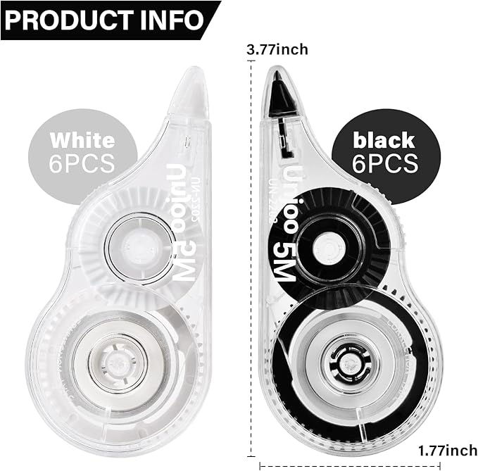 White Correction Tape Dispenser, Fast Clean and Easy to Use Tear-Resistant Tape, For school Supplies, Office (12pack, 5M/196, Tape Width 0.2in)