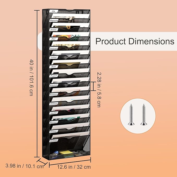 16 Tier Hanging Wall File Holder, Metal A4 Wall Mounted Document Holder, Vertical Hanging Mail Organizer, Magazine Storage Rack with Tray for Office Home Classroom, Black