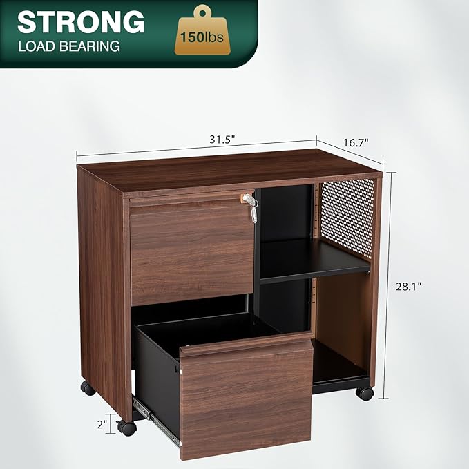 2 Drawer Mobile File Cabinet,Metal File Cabinet with Lock，Lateral Printer Stand Filling Storage Cabinet for Home Office-A4/F4/Letter（Wood