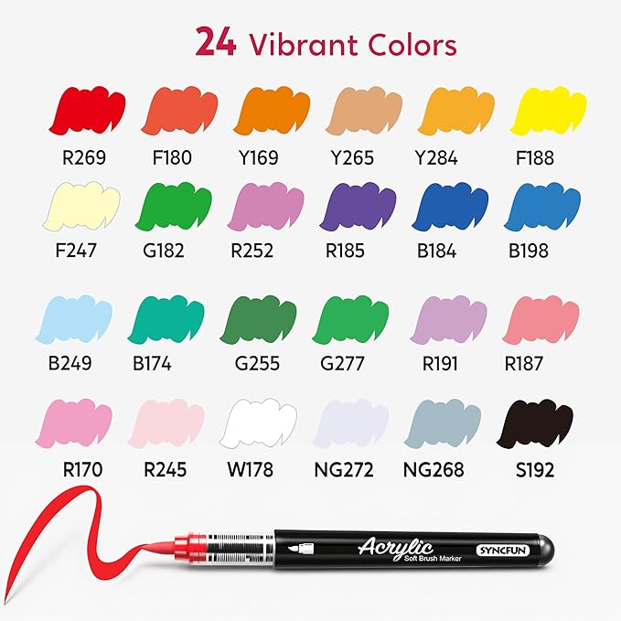 SYNCFUN 24 PCS Acrylic Paint Markers, Brush Tip Markers, Waterproof Paint Coloring Pens for Drawing, Art Supplies & Kids DIY Craft, Fabric, Canvas, Rock Painting, Wood, Glass, Ceramic, Metal