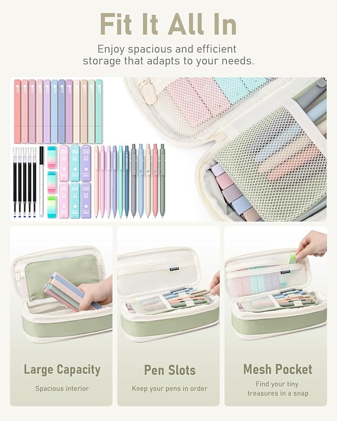 Four Candies 39 PCS Aesthetic School Supplies with Cute Pen Case, 12 Pastel Highlighters, 5 Black Ink Gel Pens, 6 Mechanical Pencils Set for Students Stationary College Essentials (Green)