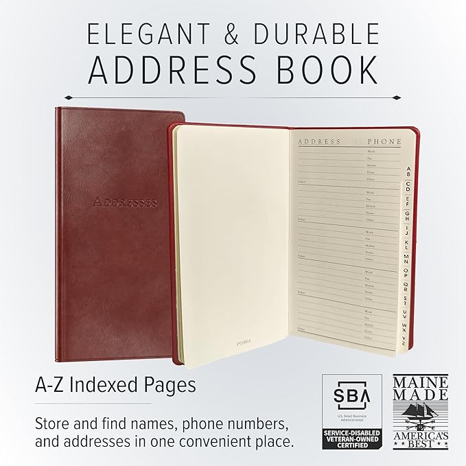 Gallery Leather Small Address Book with Alphabetical Tabs up to 403 Records, Leather Notebook Hardcover, Telephone and Address Books - 6x3.25", Pocket Address, Acadia Pool