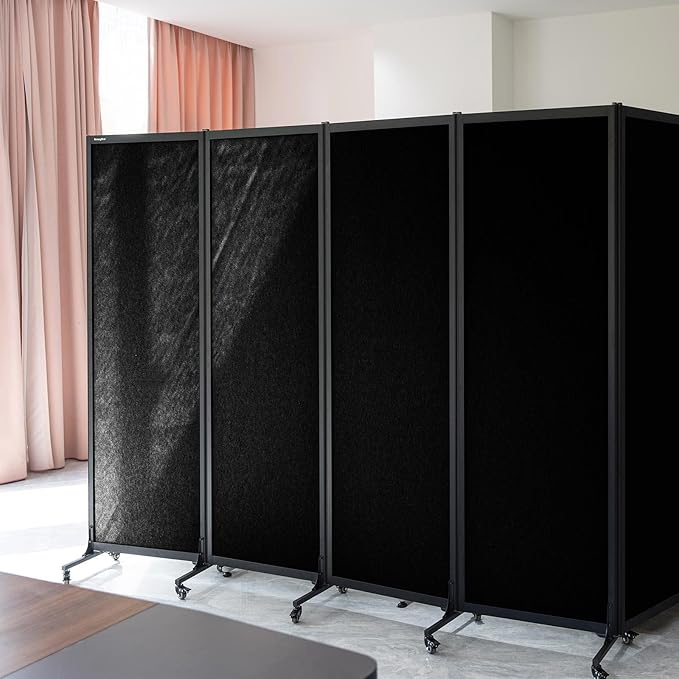 Upgrade Version Room Partition and Divider, Freestanding Rolling Dividers with Wheels,Office Privacy Screen Divider Wall,Classroom Felt Dividers,8'2"L* 6'7"H,4 Panel，Black