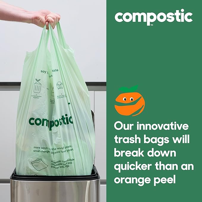 Home Compostable Trash Bags, 13 Gallon Tall Kitchen Rubbish Bags (23” x 29”), Extra Strong & Quickly Breaks Down, 50 Count