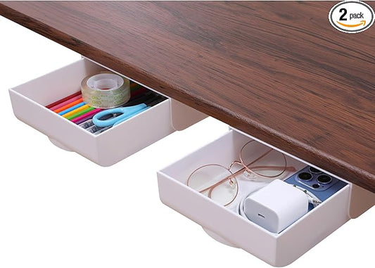 2 Pack Under Desk Drawer Self-Adhesive Desktop Storage Organizer, Hidden Attachable Slide Out Desk Drawer, Under Table Tray for Pencil Pen Stationery Office Organization, White