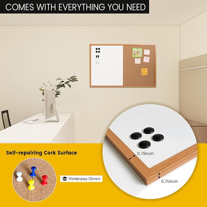 Combination Writeboard 36"x 24" Magnetic Whiteboard & Cork Board Dry Erase Board Bulletin Board Wall Mounted Wood Frame