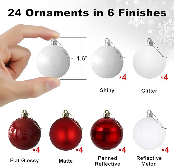 Red & White 1.6" Small Christmas Balls Christmas Tree Decoration Ornaments Shatterproof Hanging Balls for Birthday Halloween Holiday Wedding Decorations Set of 24pcs