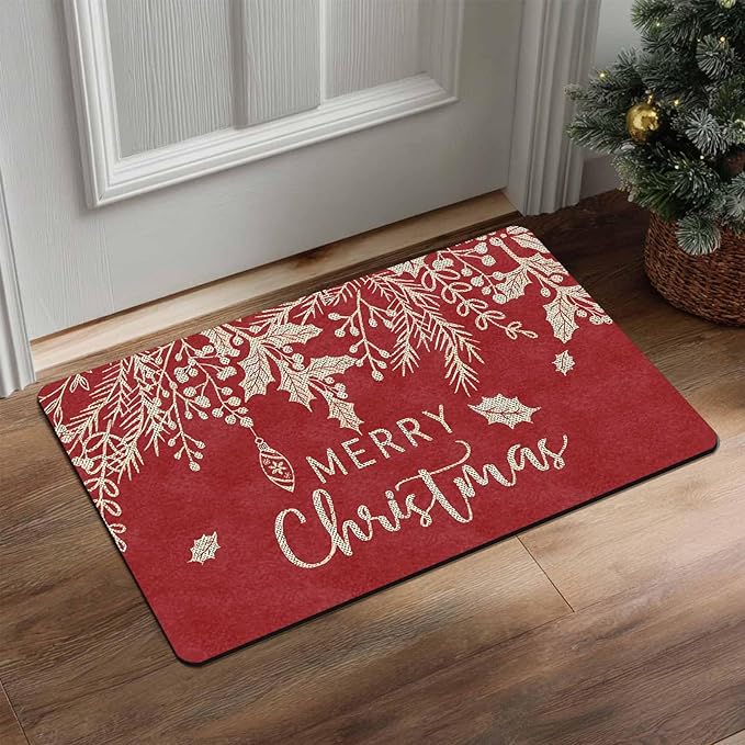 Merry Christmas Mistletoe and Holly Door Mat Front Porch Rugs Doormats Welcome Floor Mats Welcome Rug Outdoor Entry Rug for Home Farmhouse Party Decor, 16" x 24" Inch