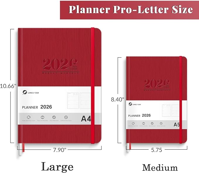 2026 Planner, Large Weekly and Monthly Planners, A4 Faux Leather Daily Calendar 2026 Planner, 12 Month Agenda from Jan. to Dec., Hardcover Habit Tracker Journal(Red)