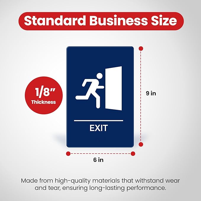 Promot Exit Sign – ADA Braille Exit Sign for Business, Self-Adhesive, 9" x 6", Commercial Door Signage, Office Wall Decor - Blue