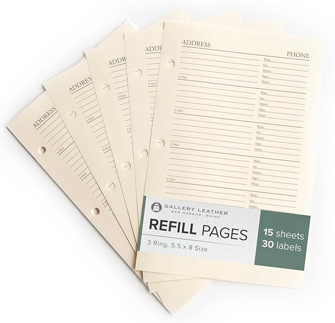 Gallery Leather Address Book Refill Replacement Pages - 3 Ring 5.5 x 8 Size, 15 Sheets, 30 Pages for 180 Entries, Quick and Easy Contact Storage and Updates