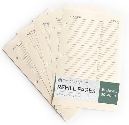Gallery Leather Address Book Refill Replacement Pages - 3 Ring 5.5 x 8 Size, 15 Sheets, 30 Pages for 180 Entries, Quick and Easy Contact Storage and Updates