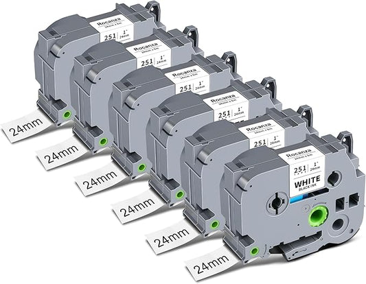 Replace for Brother TZe-251 24mm 0.94 Laminated White TZ Tape TZe251 PTouch Tape 1 Inch Work with Brother P Touch D600 E500 P700 P710BT P750W P910BT D410 PTD460BT D610BT Label Maker, 6-Pack