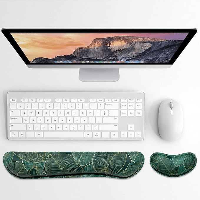 Dapesuom Enlarge Keyboard Wrist Rest, Memory Foam Wrist Cushion for Desk Mats Support, Cute Pain Relief Keyboard Mouse Pad Rests Set with Non-Slip Base for Gaming Laptop Office Computer, Green Leaf