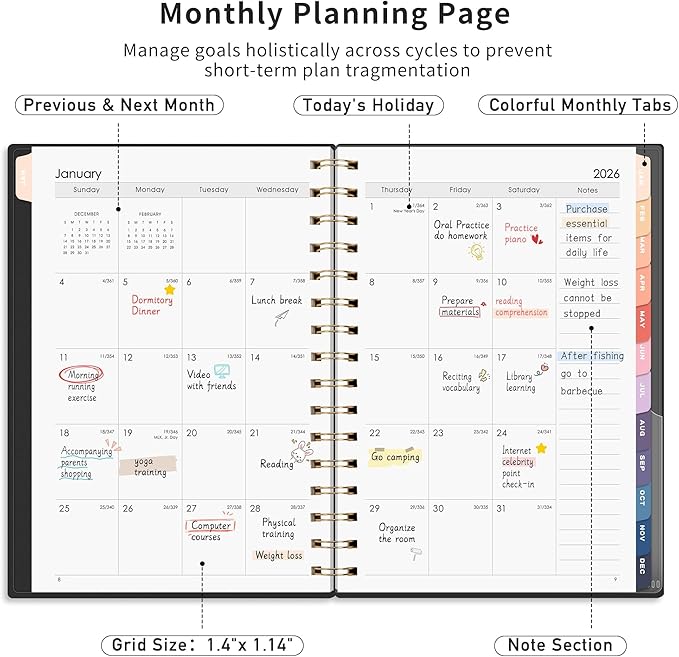 RETTACY 2026-2027 Monthly Planner, Jan 2026 - Dec 2027, Medium Size (5.7" x 8.3"), Agenda, Calendar, 24 Month Tabs, Flexible Plastic Cover, 100 GSM Thick Paper, Spiral-bound (Black)