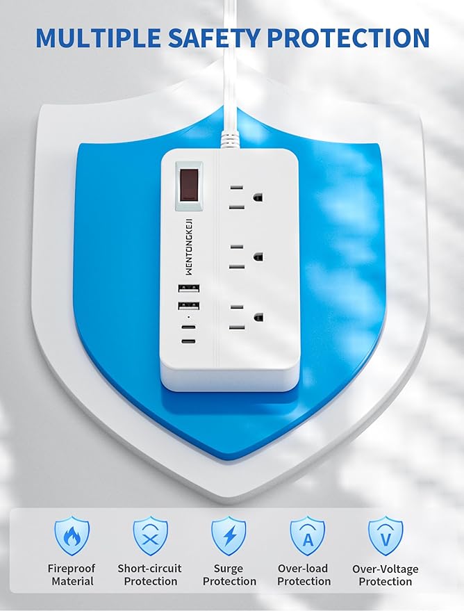 Surge Protector Power Strip - 5Ft Braided Extension Cord Flat Plug with 6 Outlets and 2 USB-A 2 USB-C Ports, 1080 Joules Wall Mounted Charging Station for Office Home ETL (10 FT)