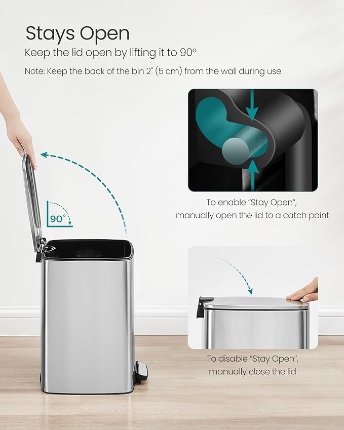 SONGMICS Kitchen Trash Can, 5.2-Gallon (20 L) Trash Bin, Stainless Steel Garbage Can, with Inner Bucket, Soft Close and Stays Open, Metallic Silver ULTB592E01