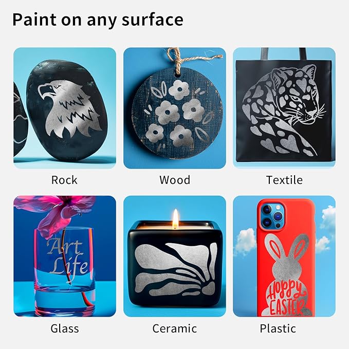 NAWOD 3 Silver Acrylic Paint Pens Markers, Dual Tip (Dot + Brush Tip), for Rock Painting Fabric Canvas Glass Wood Ceramic Paper Eggs, Fabric Marker Ideal for Labeling DIY Crafts Art Projects