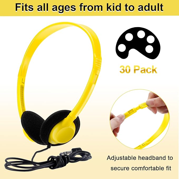 Yunsailing 30 Pack Class Set Headphones for Students Bulk School Headsets Earphones with 3.5mm Jack Classroom Must Haves Teacher Supplies for Adults Laptop Computer(Light Yellow)