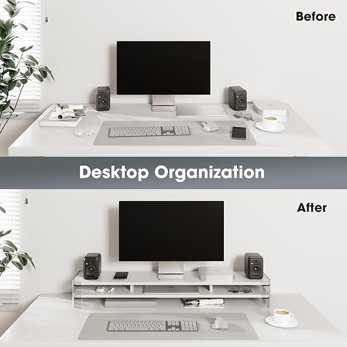 Fenge Acrylic Monitor Stand Riser, Clear Dual Acrylic Computer Monitor Stand for 2 Monitors, 2 Tier Wood Office Desk Storage Organizer for Laptop, Computer, TV Stand