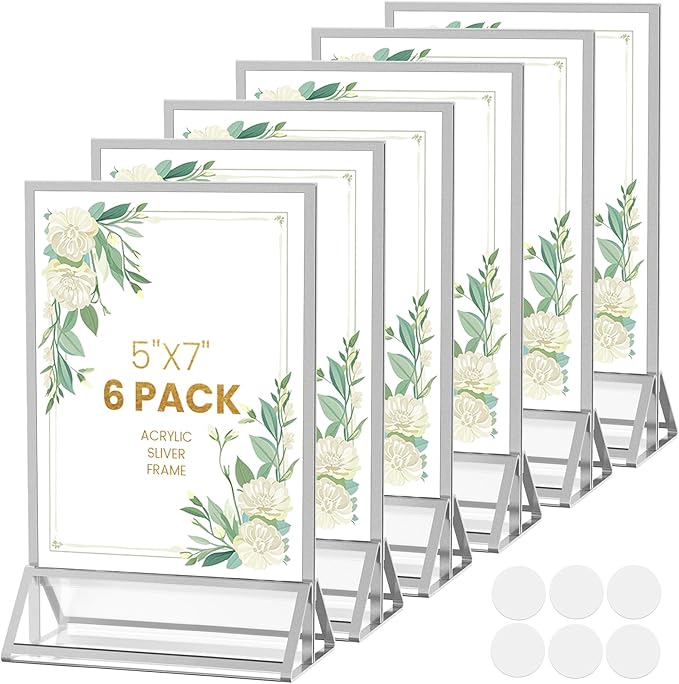 5X7 Sliver Picture Frames Acrylic Sign Holder Double-Sided 5X7 Sliver Frames for Menu Holder Wedding Table Number Holder Christmas Photo Frames with Clear Sticky Dots -6 Pack