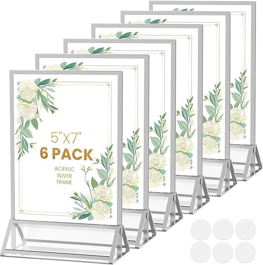 5X7 Sliver Picture Frames Acrylic Sign Holder Double-Sided 5X7 Sliver Frames for Menu Holder Wedding Table Number Holder Christmas Photo Frames with Clear Sticky Dots -6 Pack