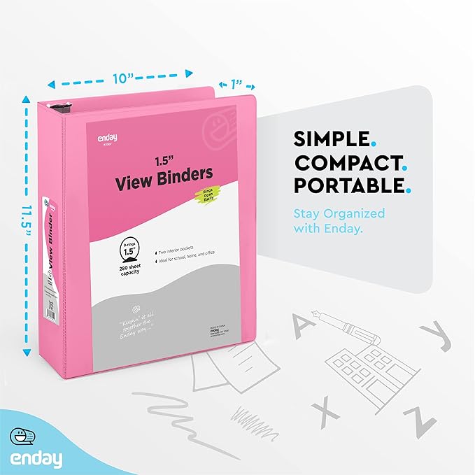 3 Ring Binder Pink, 1.5 Inch Clear View Cover with 2 Inside Pockets Binder, Colored School Supplies 1 ½ Inch Round Ring Binders, Also Available in Red, Blue, Purple, Green, and Grey (6 PC) – by Enday