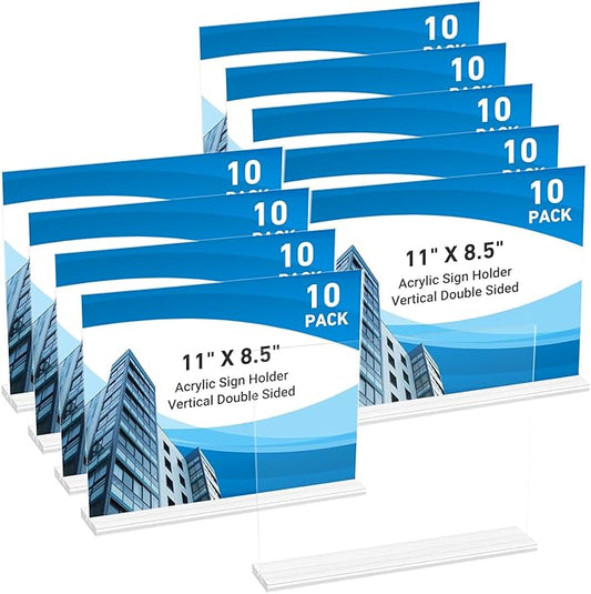 10 Pack Acrylic Sign Holder 11 x 8.5 Horizontal, Double-Sided Clear Sign Holder Plastic Stands for Display, T Shape Acrylic Table Sign Stands for Office Store Restaurants Wedding Party Decoration