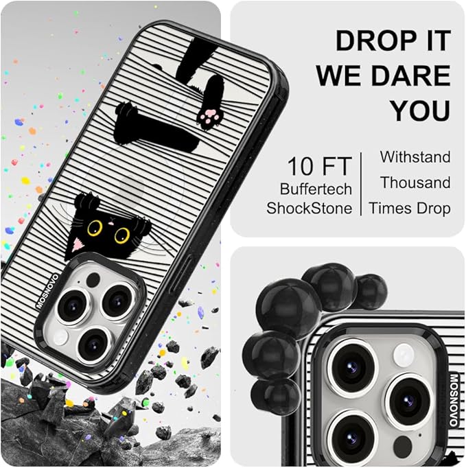 MOSNOVO Magnetic Case for iPhone 15 Pro, 10ft Military-Grade Protection, Compatible with Magsafe, Shockproof Phone Case for iPhone 15 Pro - Hidden Black Cat - Clear Black