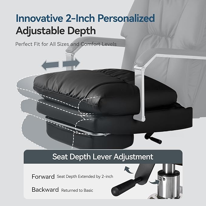 Reclining Office Chair with Footrest - 25.6" Wide Seat & Adjustable Seat Depth, Big and Tall High Back Leather Executive Home Office Desk Chair 400lbs, Black