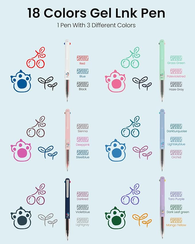 12 PCS Multicolor Gel Pen, 0.5mm Colored Pens, 3-in-1 Multicolor Ink Pens, 18 Colors Retractable Pen for Journaling Planner Office, Office Supplies