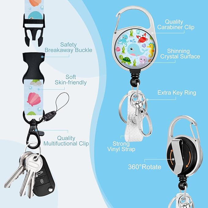 Gctriki Ocean Theme ID Badge Holder with Lanyard - Cute Sea Animals Design - Retractable Clip for Nurses, Teachers, School Staff - Cute Teacher Appreciation Gift & School Supplies