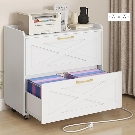 Lateral File Cabinet 2 Drawers Mobile File Cabinet with Charging Station for Letter/Legal/A4 Size Hanging Files, Large Wood File Storage Cabinets Printer Stand for Home Office, Simple White