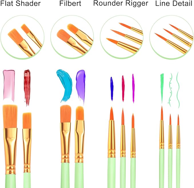 ESRICH Paint Brushes Set,6 Packs 60 Pcs Acrylic Paint Brush Set,Acrylic Oil Watercolor, Face Nail Art, Miniature Detailing,Rock Painting,Painting Artist Professional Kits(Green)