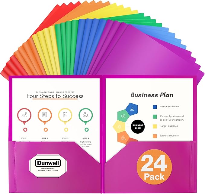 Dunwell Plastic 2-Pocket Folders (24 Pack, Assorted Colors), 8.5x11 Document Folders for School and Office, Heavy Duty Poly, Long Lasting, Includes Labels