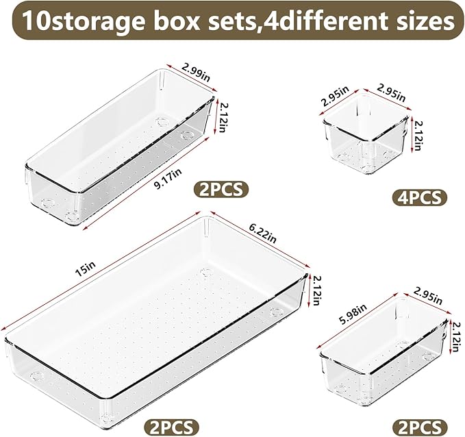 10 PCS Clear Plastic Drawer Organizer Set, 4 Sizes Acrylic Drawer Storage Trays Non Slip Storage Bins for Makeup, Jewelry, Gadgets for Kitchen, Bedroom, Bathroom, Office