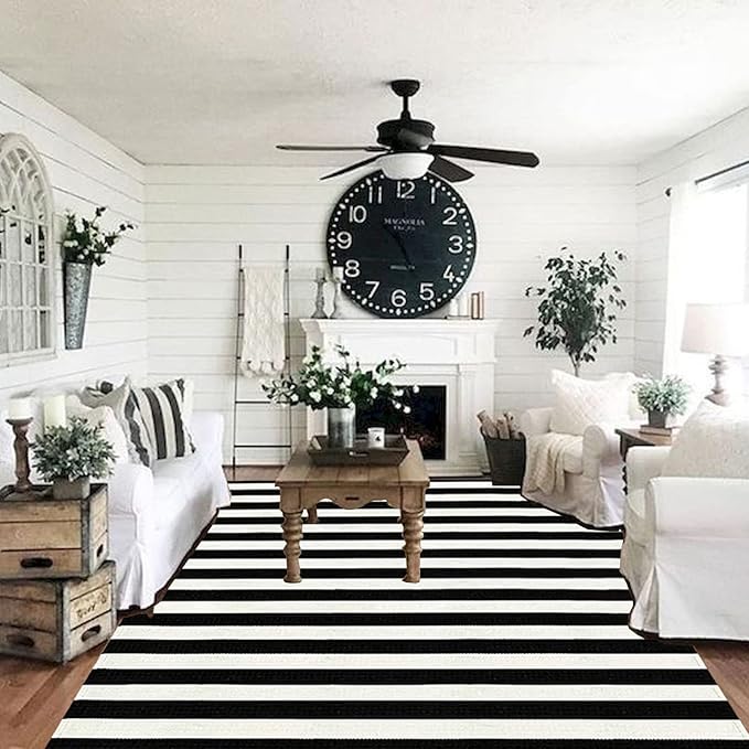CAINANEL Black and White Area Rug 5' x 7' Indoor Outdoor Rug Hand Woven Farmhouse Striped Rug Outdoor Reversible Mat for Front Porch/Dining Room/Bedroom/Kitchen/Living Room Rug