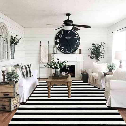 CAINANEL Black and White Area Rug 5' x 7' Indoor Outdoor Rug Hand Woven Farmhouse Striped Rug Outdoor Reversible Mat for Front Porch/Dining Room/Bedroom/Kitchen/Living Room Rug