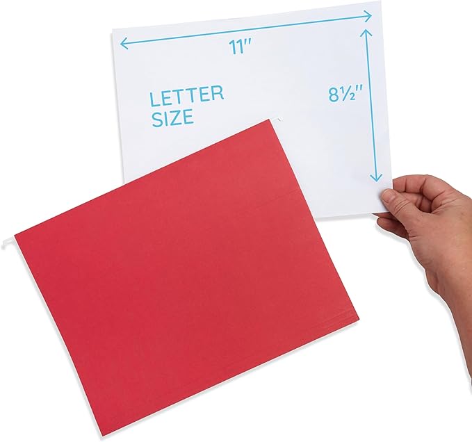 25 Blue Summit Supplies Red Hanging File Folders Letter Size – Durable 11pt Paper, Plastic Tabs and Inserts Included, Fits Standard Filing Cabinets and Desktop Organizers