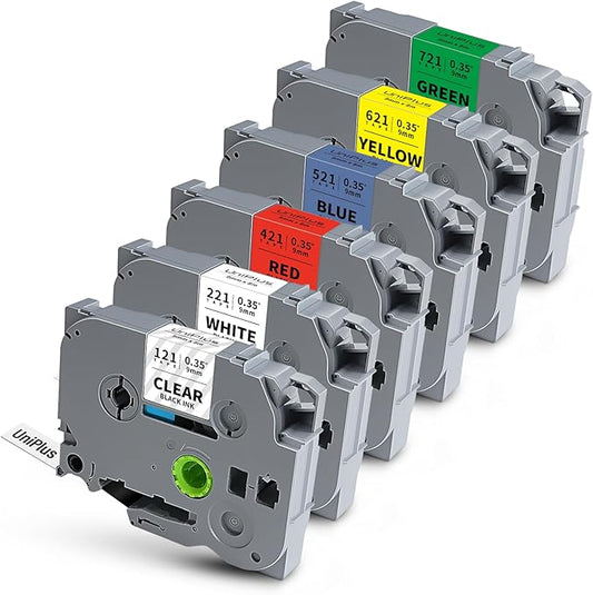 Compatible for Brother Tze-221 Tze-121 Tze-421 Tze-521 Tze-621 Tze-721 Tz Tape 9mm 0.35" Laminated Tape Label Maker Tape for P Touch PTD200 PTD210 PTH110 PTD220 PTD600 PTD400AD, 6-Pack