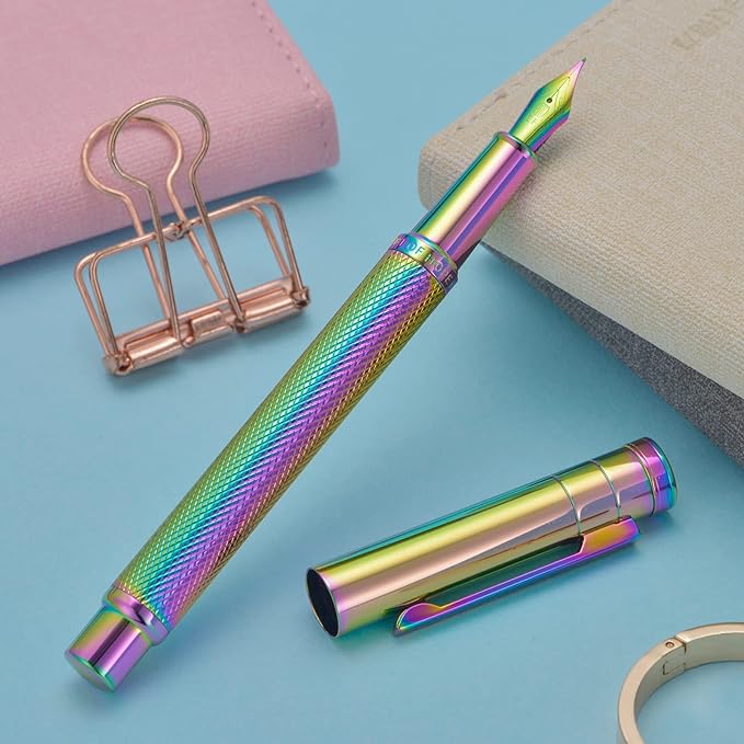 Asvine Hongdian Forest Fountain Pen Bent Nib Rainbow Color with Converter and Metal Pen Box Set