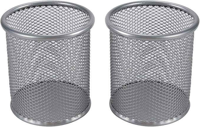 EasyPAG Round Mesh Pencil Holder 2 Pack Pen Holders Desk Pen Cups Organizer for Home, School Office, Silver