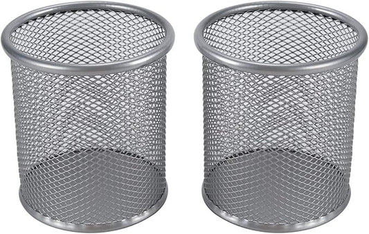 EasyPAG Round Mesh Pencil Holder 2 Pack Pen Holders Desk Pen Cups Organizer for Home, School Office, Silver