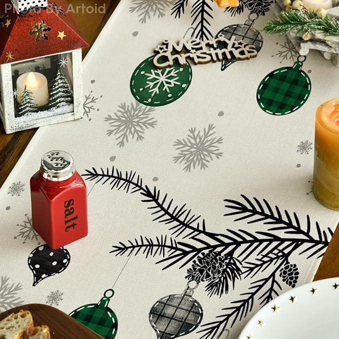 Artoid Mode Green Pine Trees Snowflake Merry Christmas Table Runner, Winter Xmas Holiday Kitchen Dining Table Decoration for Home Party Decor 13x72 Inch